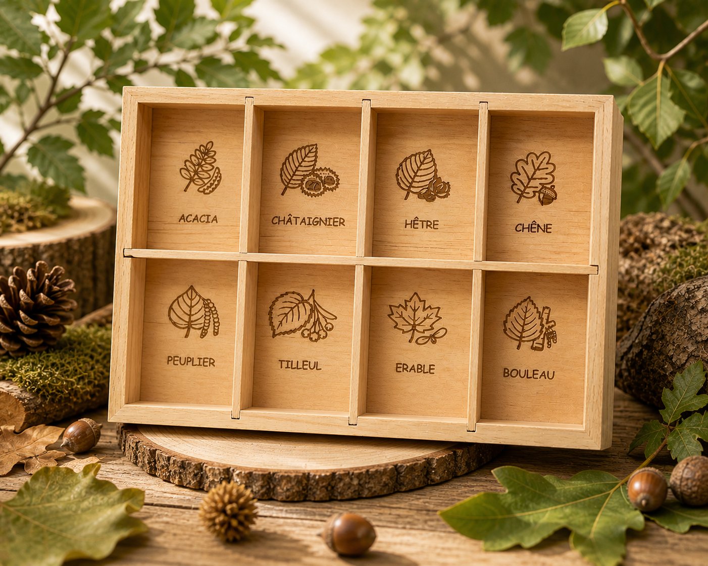 Trésor Arboré - boîte avec 8 essences d'arbres gravées