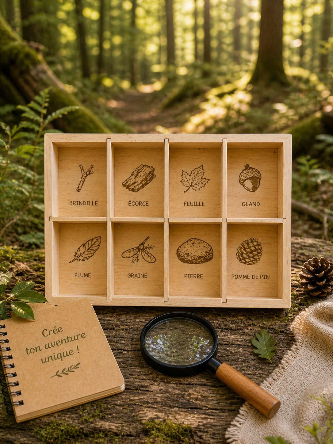 Trésor de la Forêt - boîte en bois avec 8 cases gravées